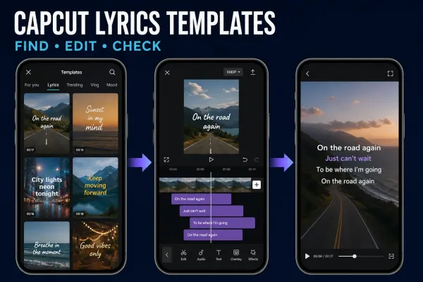 CapCut lyrics template workflow from template library through timed lyric editing to final playback