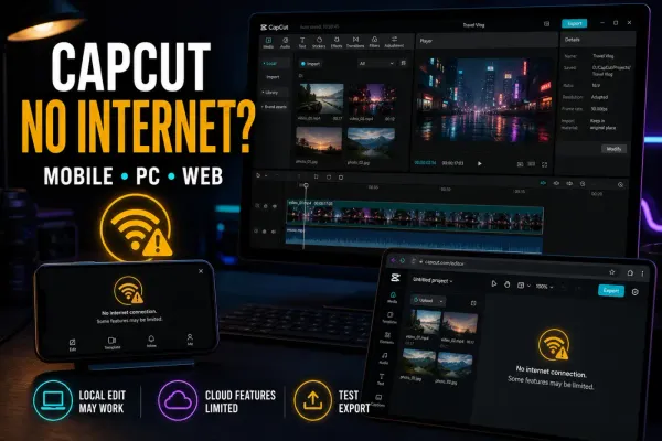 CapCut Mobile, Desktop and Web editors showing connection warnings while a local timeline remains visible