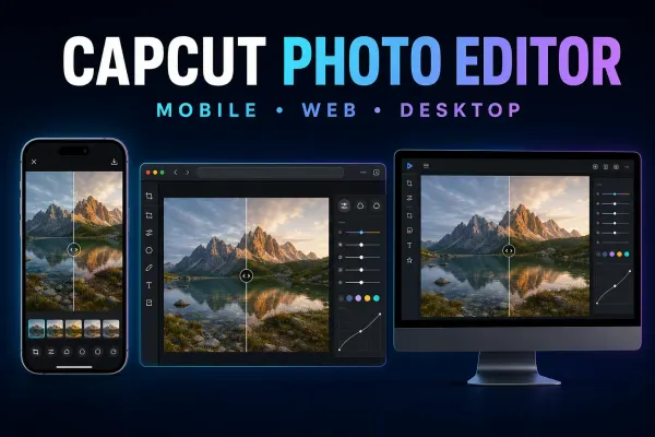 CapCut photo editor interfaces for Mobile, Web and Desktop with a before-and-after still image