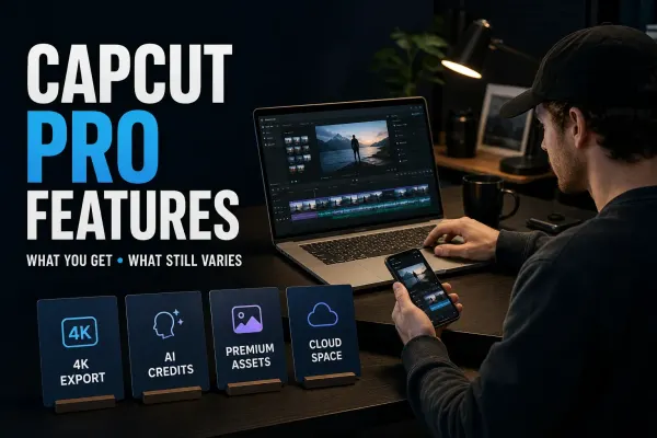 Creator reviewing CapCut Pro features for 4K export AI credits premium assets and cloud storage