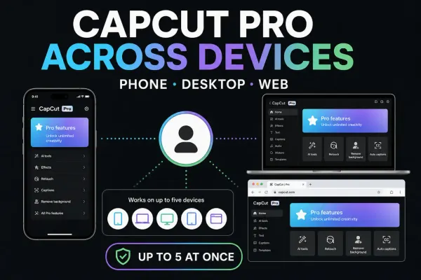 CapCut Pro account connecting phone, desktop and web within a five-device limit