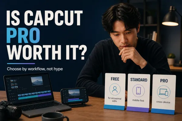Creator comparing CapCut Free Standard and Pro for phone and desktop video editing