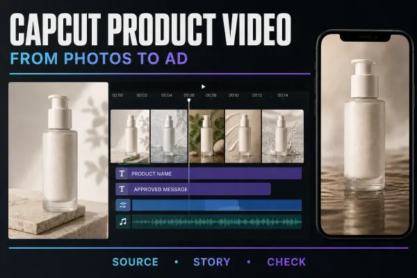 CapCut product video workflow turning approved product photos into a checked social ad