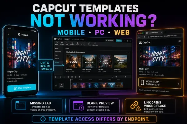 CapCut template access on Mobile, Desktop and Web with missing-tab, blank-preview and deep-link warnings