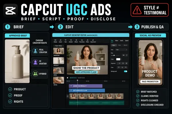 CapCut UGC ad workflow from approved brief and product footage to a disclosed checked social ad