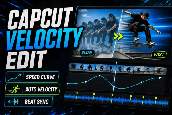 CapCut velocity edit with a skateboard action clip, custom speed curve, and music beat markers on the timeline
