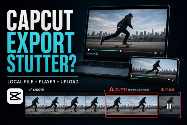 CapCut export motion compared as smooth, repeated-frame stutter and a frozen section