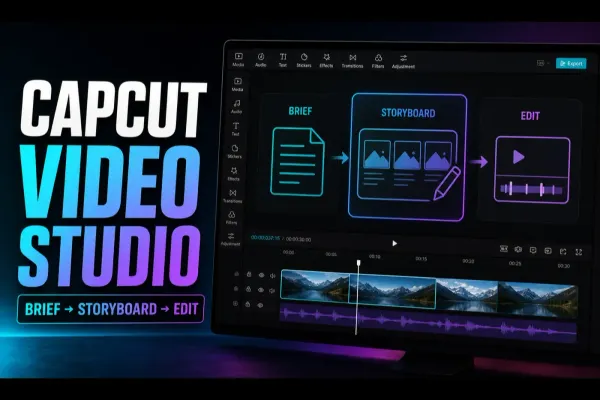 CapCut Video Studio cover with brief, storyboard and editable timeline workflow