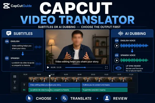 CapCut Video Translator workflow comparing translated subtitles with AI dubbing and review steps