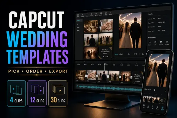 CapCut wedding template editor with four-clip, 12-clip and 30-clip wedding edit choices