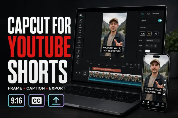 CapCut YouTube Shorts edit with 9:16 framing captions and export workflow on laptop and phone