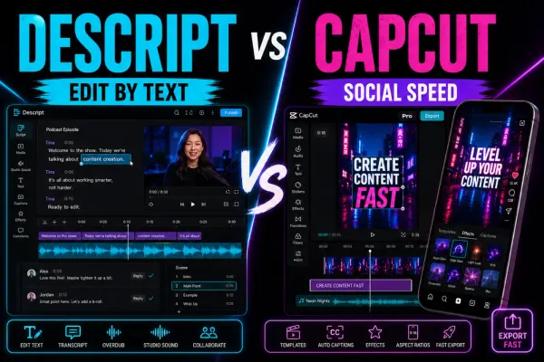 Descript text-based desktop editing compared with CapCut mobile social video workflow