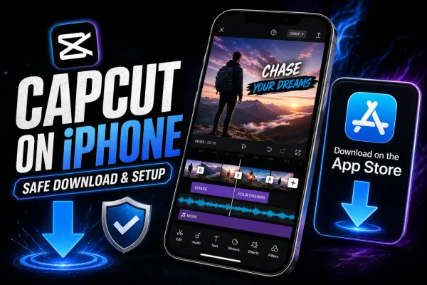 CapCut video editor on an iPhone beside a safe App Store download prompt