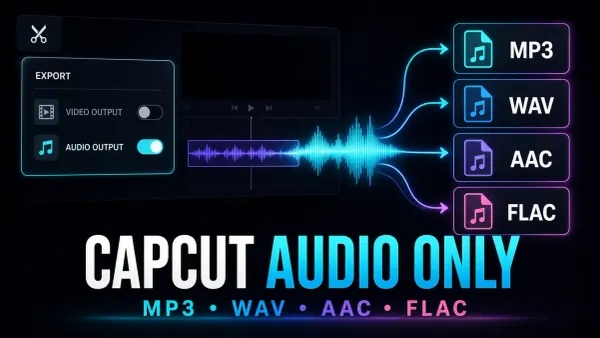 CapCut audio-only export with video output off and MP3, WAV, AAC and FLAC options