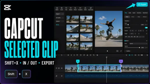 CapCut Desktop timeline with one selected clip marked for export using Shift+X