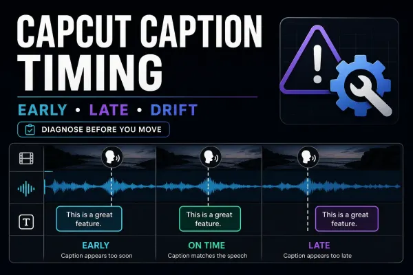 CapCut caption timing compared as early, on time and late against an audio waveform
