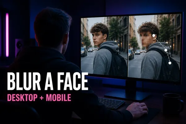 Before-and-after moving face blur reviewed on a video editing monitor