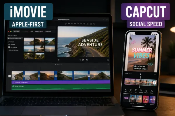 iMovie Apple timeline compared with CapCut social editing workflow on phone and desktop