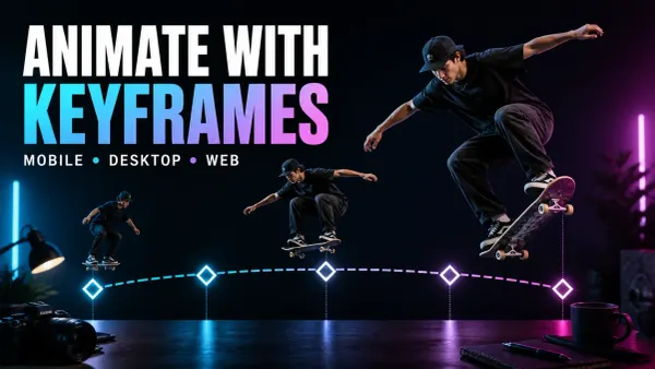 Skateboarder shown at three sizes along a five-point keyframe motion path