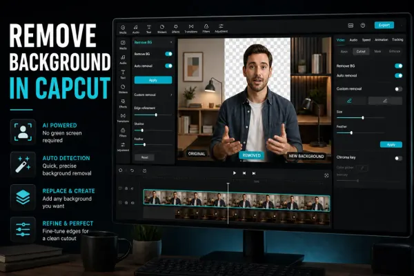 CapCut background removal editor showing a person cut out from a room and placed over a clean blue backdrop