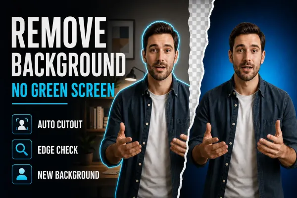 Presenter shown before background removal, as a transparent cutout and on a clean blue replacement background
