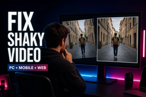 Before-and-after walking video with a tilted shaky frame corrected to a level stable frame