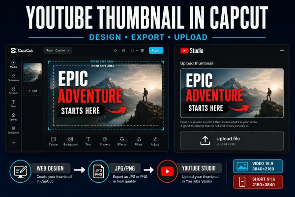 CapCut YouTube thumbnail design canvas and YouTube Studio upload workflow for videos and Shorts