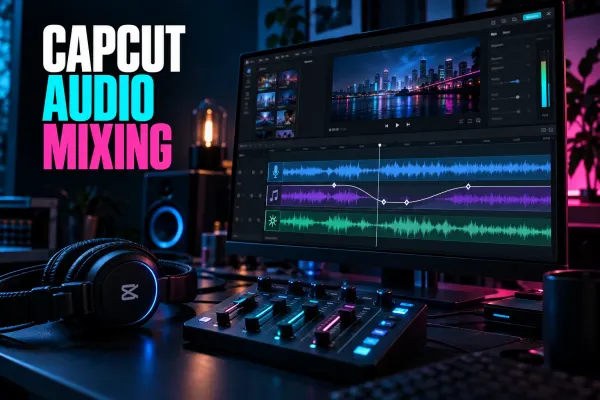 CapCut audio mixing workspace with voice music and sound effect tracks and ducking keyframes