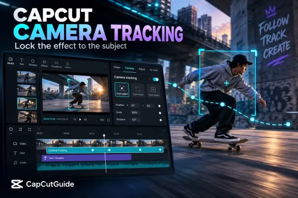 Editorial illustration of camera tracking following a skateboarder through a CapCut-style editing scene