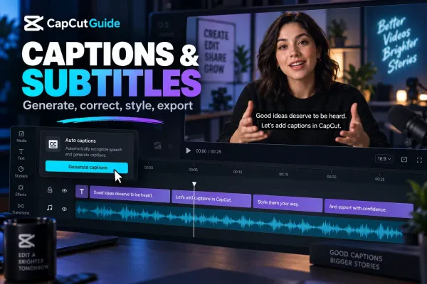 Editorial illustration of captions in a CapCut-style video timeline with a presenter