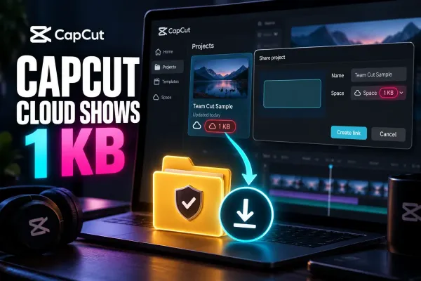 CapCut cloud storage showing 1 KB with project ownership and backup checks