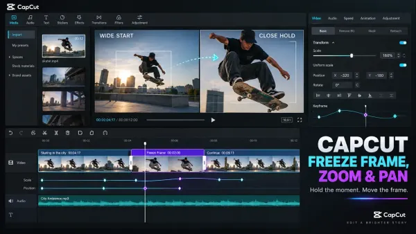 CapCut freeze frame, zoom and pan workflow with timeline keyframes