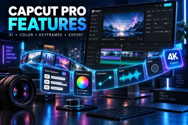CapCut Pro features guide with captions, color grading, keyframes, audio tools and 4K export controls