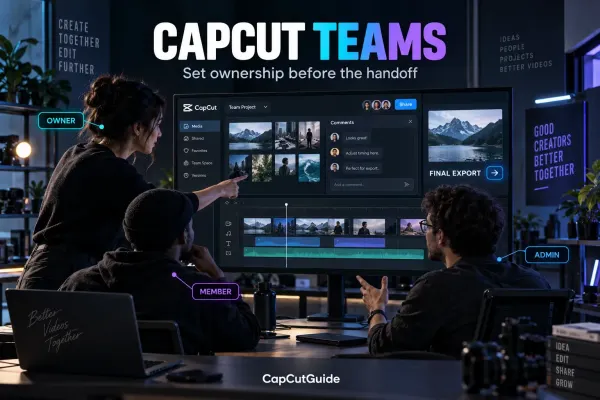 Editorial illustration of a CapCut Teams handoff with owner, admin and member roles