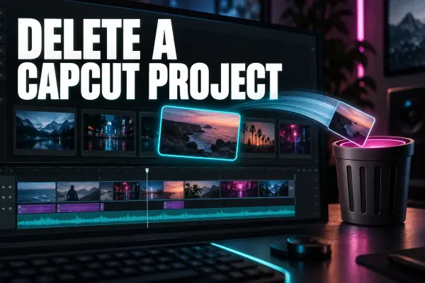 CapCut project thumbnail moving from an editing workspace toward a trash bin