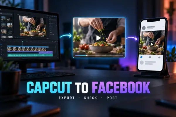 CapCut video edit moving through a saved-file check to a Facebook post preview