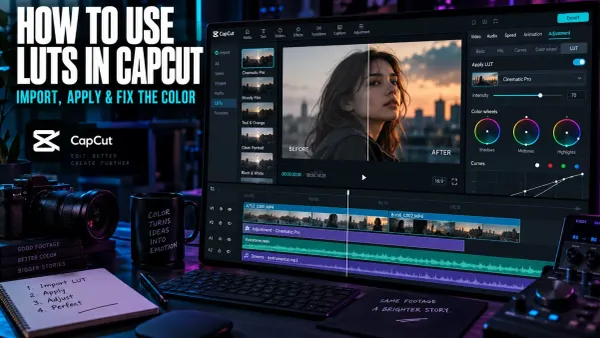 CapCut Desktop LUT workflow with color preview, adjustment panel and editing timeline