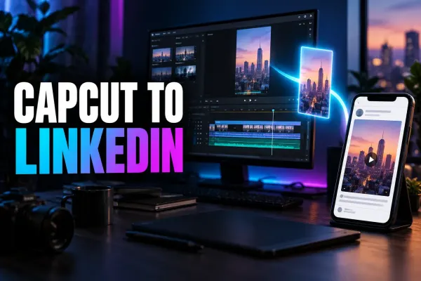 CapCut editing timeline sending a finished video toward a LinkedIn post preview