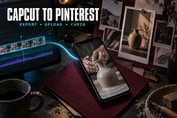 Pottery video moving from CapCut into a Pinterest Pin with a clear vertical frame