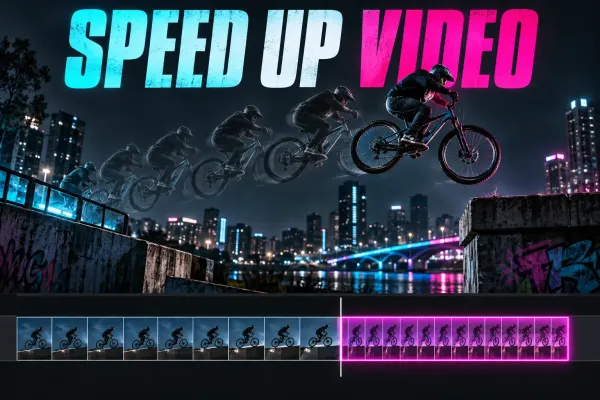 Bicycle action across a video editing timeline under the title Speed Up Video