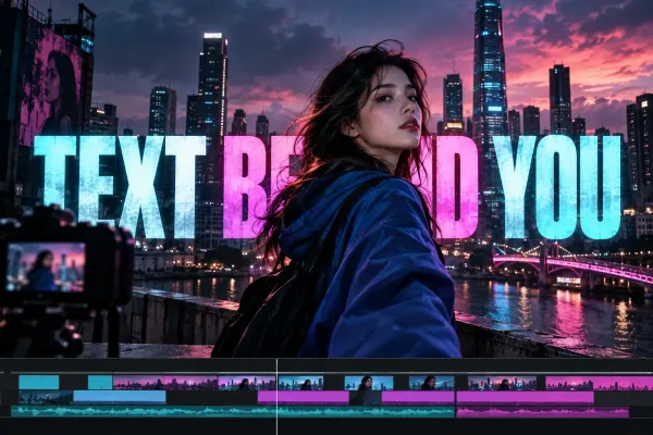 Video creator in front of large title letters with the city scene behind them