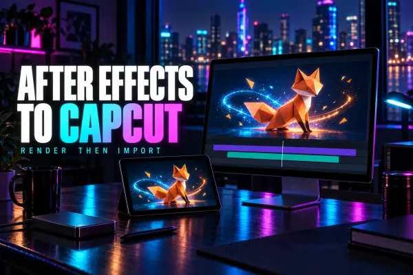 After Effects to CapCut title beside a monitor and tablet showing the same orange fox animation, with video layers and an external drive