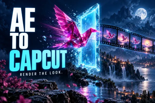 A cyan and magenta gateway carrying luminous animation frames under the title AE to CapCut