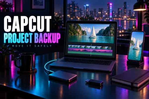 Laptop timeline and a phone on a stand showing a sailboat in a turquoise bay below green cliffs, with an external SSD and a flash drive on a night desk, under the title CapCut Project Backup