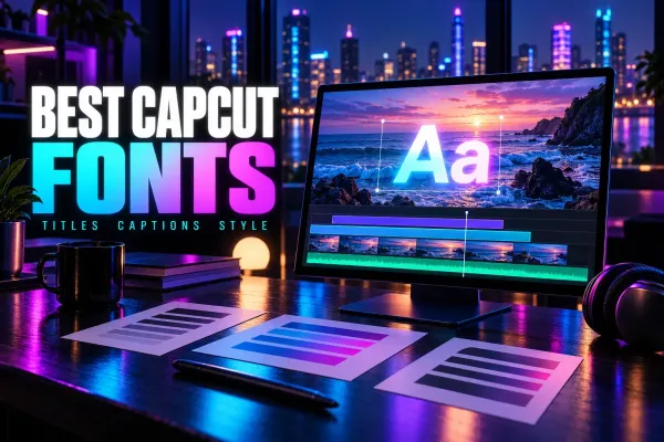 Best CapCut Fonts title beside a monitor showing a large Aa type sample over an ocean sunset frame, with printed type specimen cards
