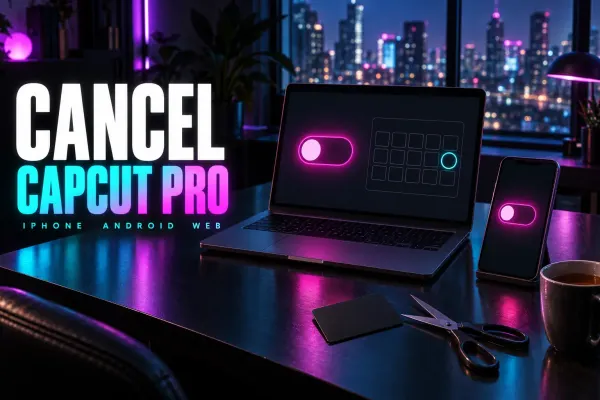 Laptop with one glowing toggle switched off beside a blank calendar with one day circled, a phone showing the same toggle, a plain card, scissors and tea, under the title Cancel CapCut Pro