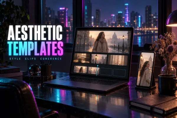 Laptop with a woman in a beige coat on a misty street, coffee, lamp and curtain clips, two filled and two empty timeline slots, a phone and dried flowers, under the title Aesthetic Templates