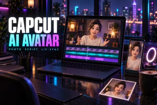 Laptop with an animated presenter character above a timeline, a phone and a printed photo of the same character, a small ring light and cocoa, under the title CapCut AI Avatar