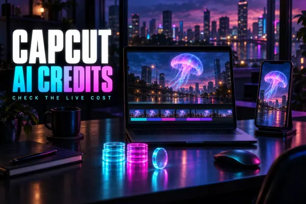 Laptop timeline and a phone on a stand showing a glowing jellyfish floating over a city waterfront at night, with stacks of glowing tokens on a night desk, under the title CapCut AI Credits