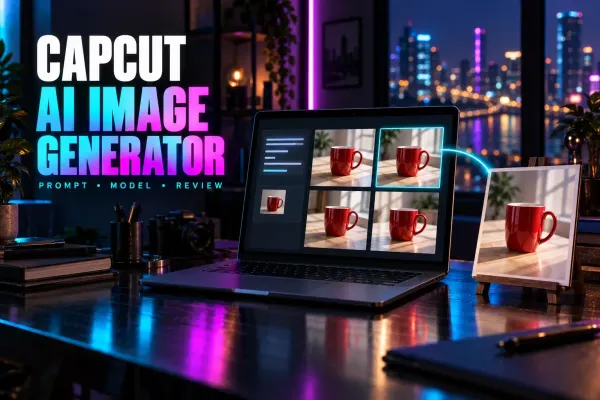 CapCut AI image generator cover: a neon-lit desk with a laptop prompt panel and reference thumbnail, a grid of four mug results with one picked, and a printed photo on an easel